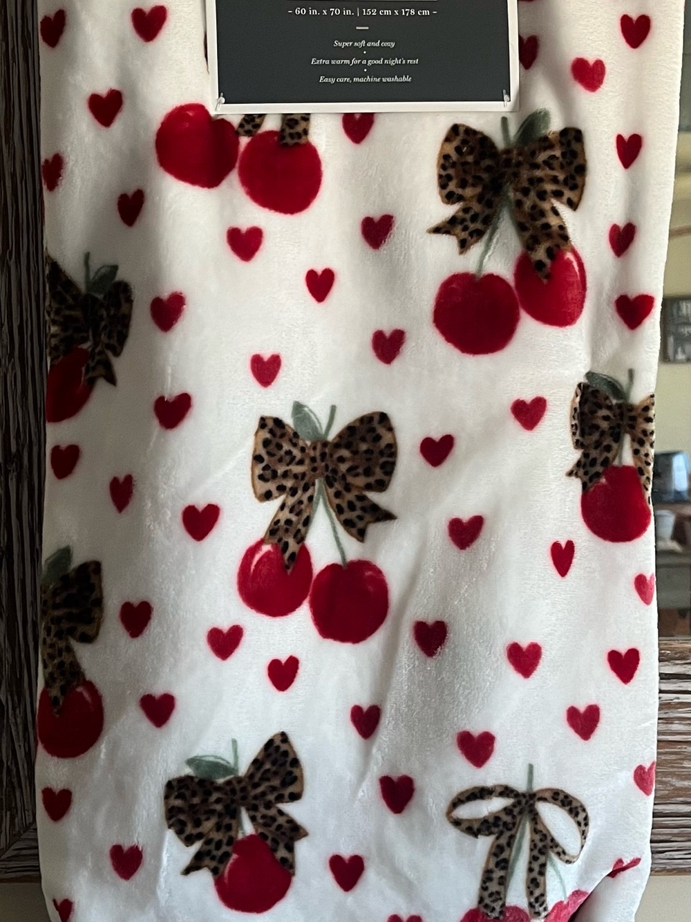 60x70 in cherries with cheetah print bow blanket